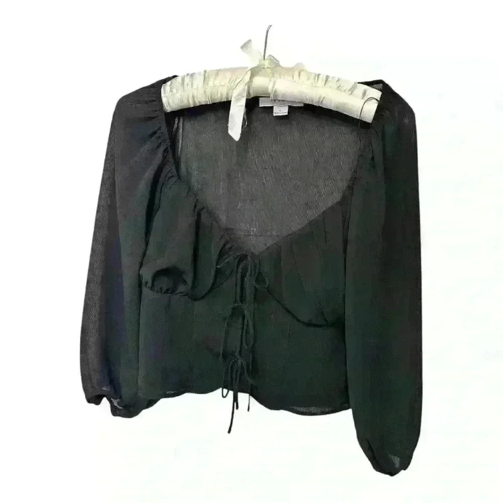 FAVLUX Black Sweetheart Puff Sleeve Blouse with 3 Toe Closure Detail, L